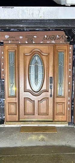 Solid Wood Exterior Door With Decorative Glass & 2 Side Light