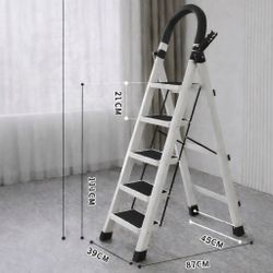 Brand New 5-Step Folding Ladder | Full Carbon Steel | Extra-Thick Carbon Steel Steps /150kg (330 lbs) Load | Red & White