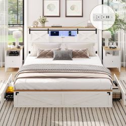 Farmhouse Bed Frame California King Size with Storage Bookcase Headboard, Wooden Cal King Bed with LED Lights, Charging Station, 2 Drawers, Country Ru
