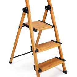 Delxo Portable Collapsible Lightweight Aluminum 3 Step Stool Step Ladder with Long Handrails and Safety Latch Mechanism, Woodgrain Finish