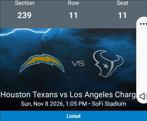 2 Premier Sec. 239 Texans Vs Chargers Tix