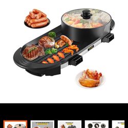 VEVOR 2 in 1 BBQ Grill and Hot Pot with Divider, Aluminum Alloy Electric BBQ Stove Hot Pot, Separate Dual Thermostat Teppanyaki Grill Pot with 5 Speed