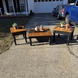 3-Piece Matching Coffee & End Table Set – Honey Wood Tops & Black Base