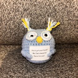 blue owl is a crochet emotional support amigurumi toy