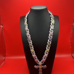 White Gold Plated Cross Silver Cross Purple Yellow Pink Flowers 