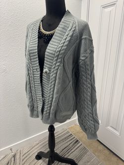 Blue Cable Knit Button Cardigan Sweater
