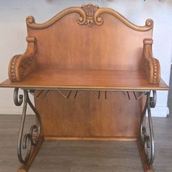 Vintage Wooden and Iron Hall Bench with Ornate Carvings