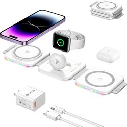 3 in 1 Wireless Charging Station, BOCLOUD Fast Mag-Safe Charger Stand [Portable & Foldable] Charger Pad with Color Light for iPhone 13/14/12/11/XR/XS/