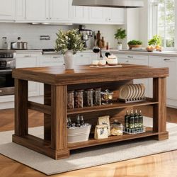 Tribesigns Kitchen Island with Storage, 55-Inch Farmhouse Stationary Island Table with Large Countertop, 3-Tier Wooden Center Bar Table for Kitchen, D