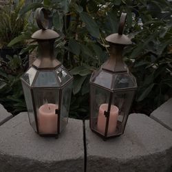 2 vintage Brass And Glass Etching Candleholders.