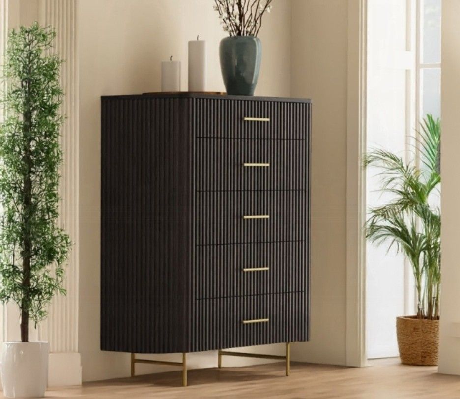 Brand New Arhaus Dupe Flutted Wood 5 Drawer Chest Dresser With Brass Handles