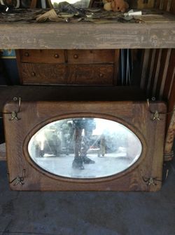 Antique oak hall tree mirror