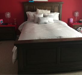 Dark Wood Panel Bed Frame with Nightstands