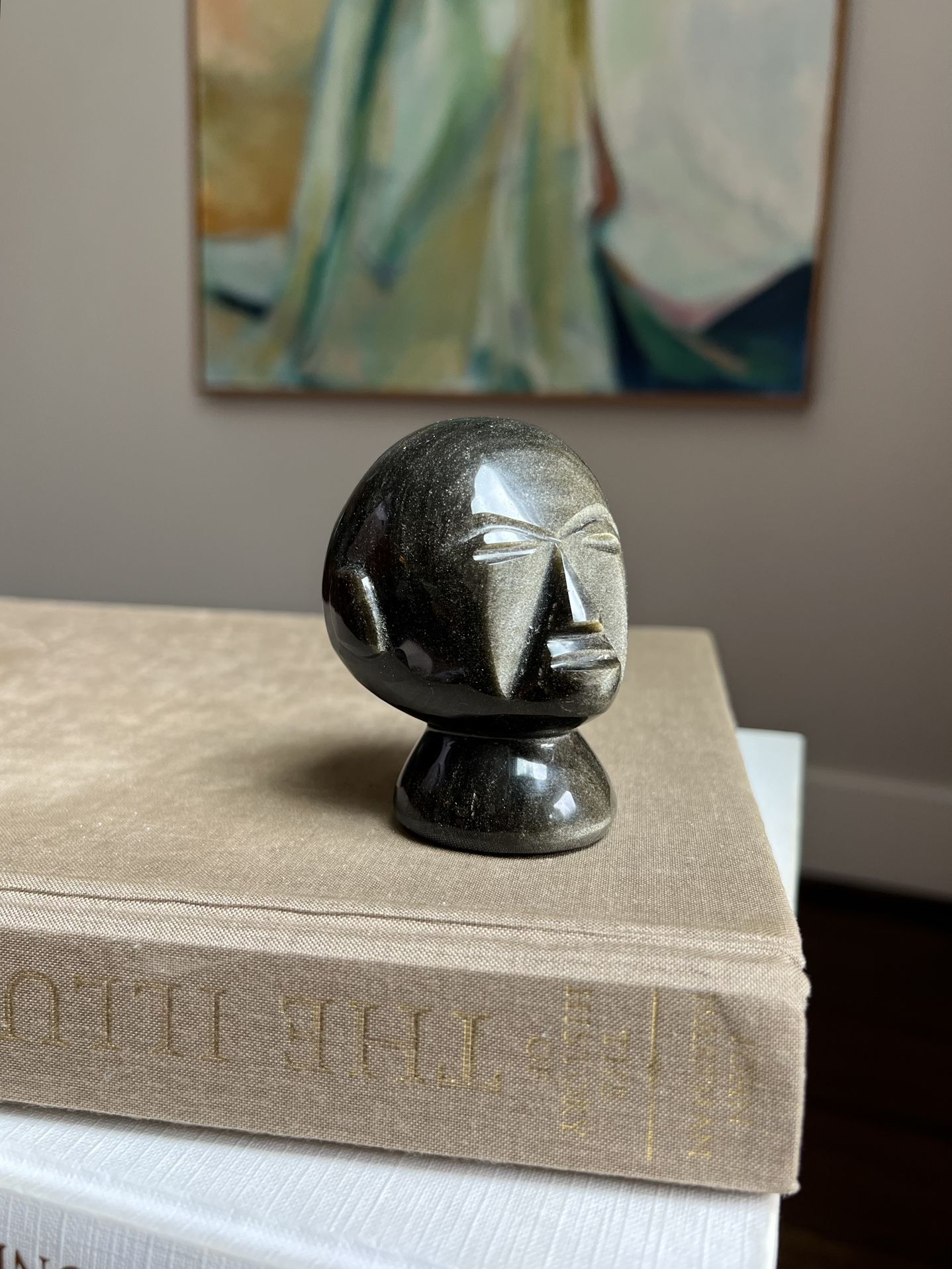 Mayan Aztec Golden Sheen Obsidian Carving ( H3” W2.5” ) firm on price