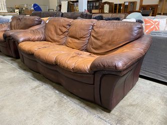 Well Loved Caramel Leather Sofa