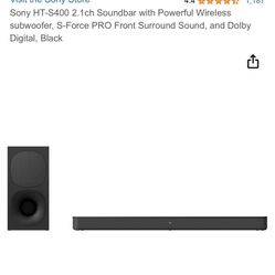 Sony HT-S400 2.1ch Soundbar with Powerful Wireless subwoofer, S-Force PRO Front Surround Sound, and Dolby Digital, Black