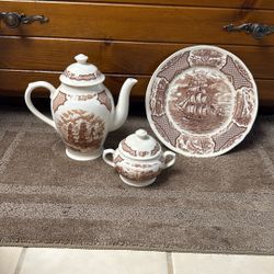 Fair Winds Alfred Meakin Staffordshire England Teapot Plate Sugar Bowl