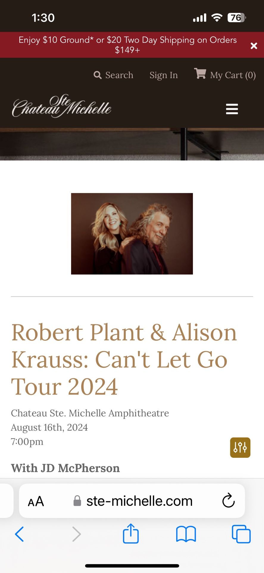One Ticket for Tonight’s Robert Plant/Alison Krauss Concert @ St Michelle