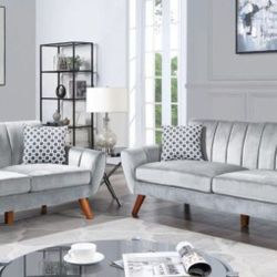 ✅️✅️2 pc light grey velvet fabric mid century modern sofa and love seat set Langley street wooten✅️✅️✅️