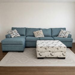 Living Spaces Blue Green Sectional Couch Sofa and Ottoman