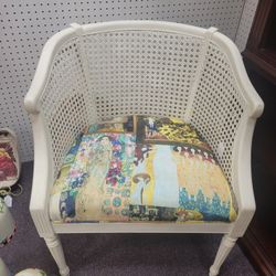 Vintage Barrel Caned Chair With Upholstered Seat