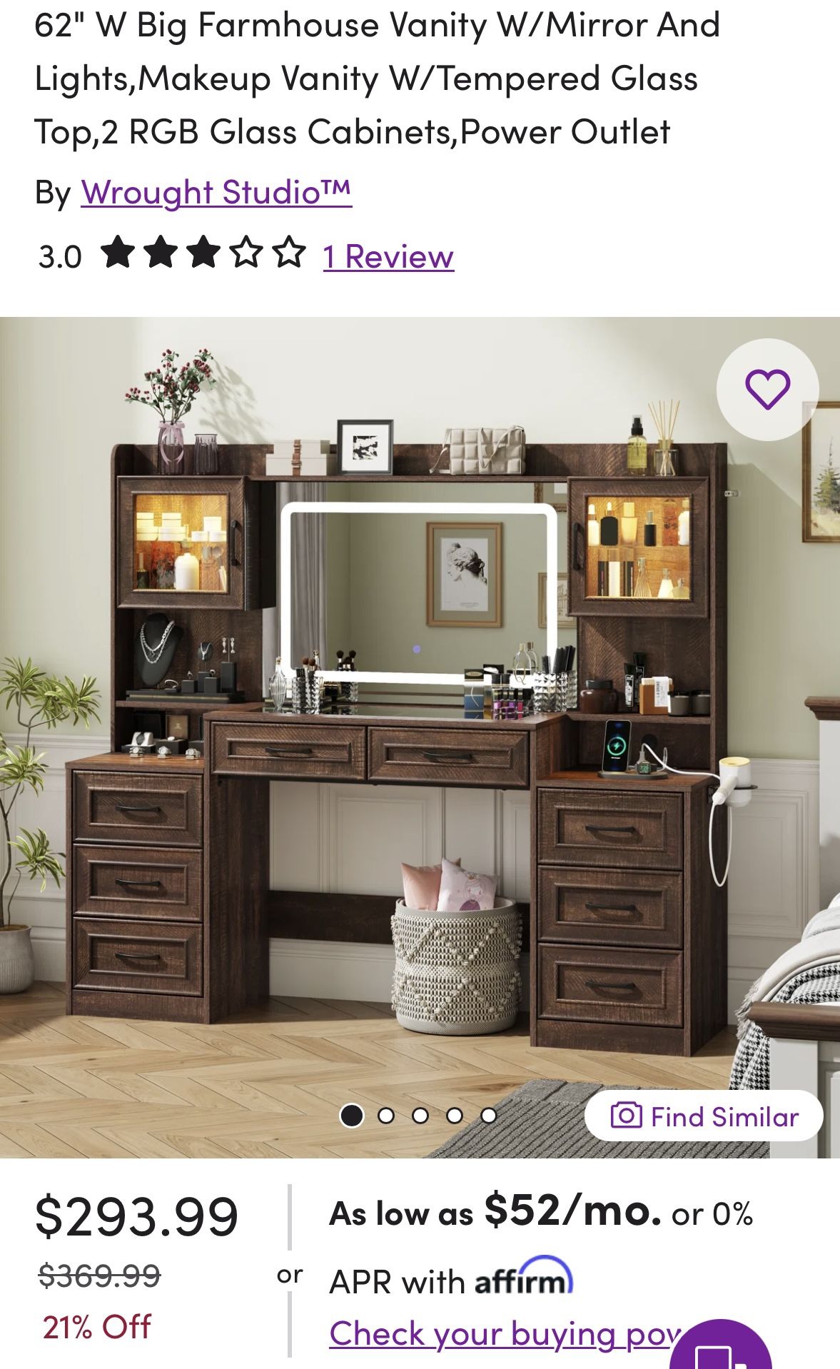 62" W Big Farmhouse Vanity W/Mirror And Lights,Makeup Vanity W/Tempered Glass Top, 2 RGB Glass Cabinets, Power Outlet
