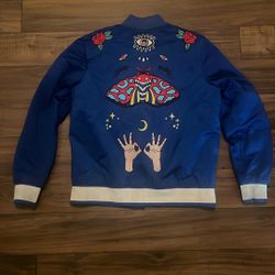 Adidas Originals Embellished Arts Bomber Jacket Size M Embroidered Blue 