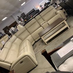Ivory White Leather Power Reclining Sectional With Power Headrest Back In Stock!