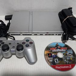 Playstation 2 PS2 Silver Slim Console With Controller And Game.  Works 