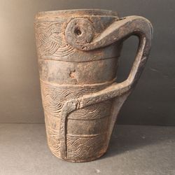 Antique Nepalese Wooden Yak Milk Jug Tribal Sherpa Fk Art Carved Pot Pitcher 11" Vintage