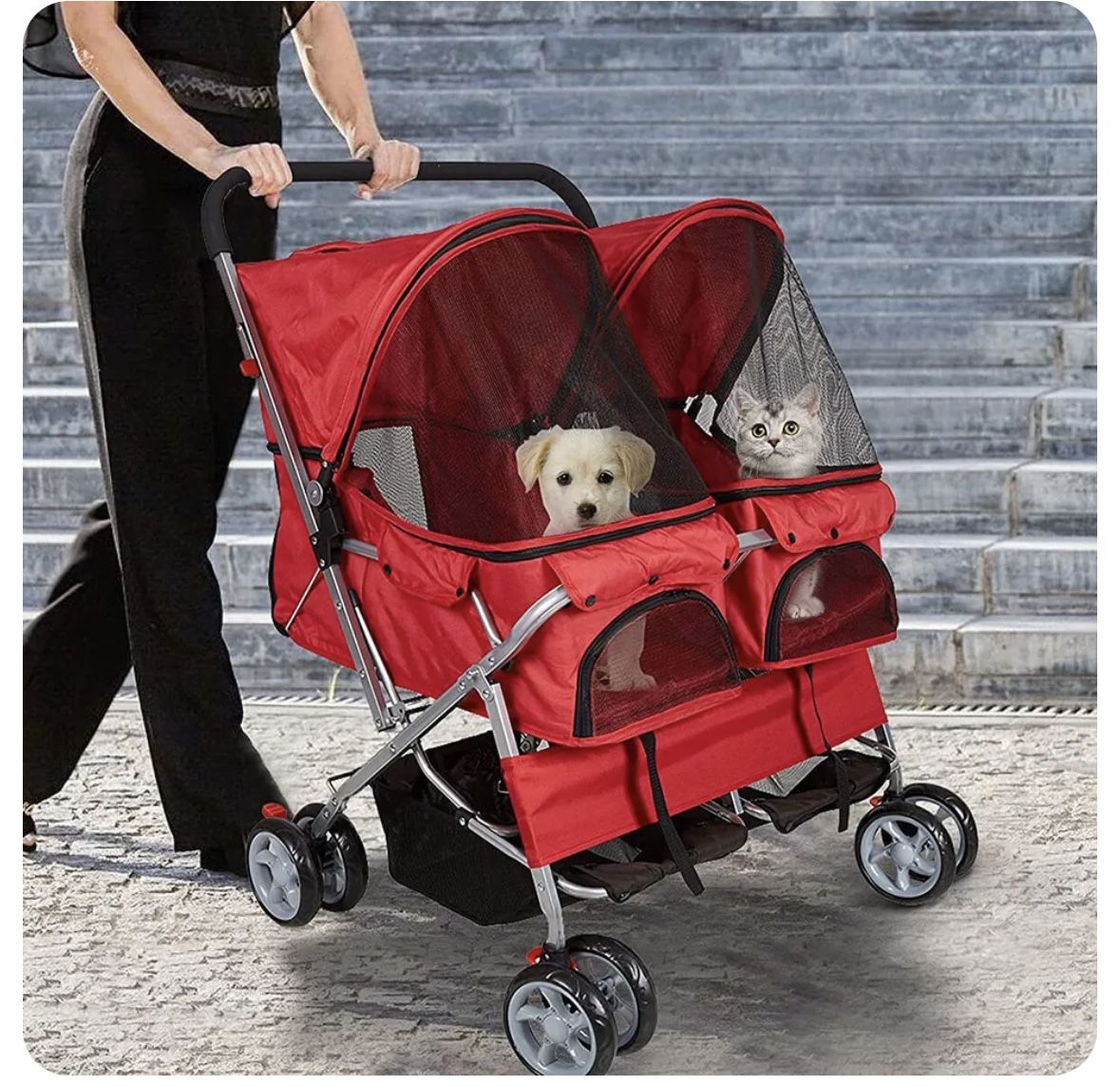 Pet Stroller Dog 4 Wheel Cat Cage Folding Double Carriage