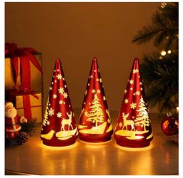 3 Christmas Decorations Indoor, Cone Glass Tree LED Lights with Timer,Green*3 Battery Operated Tree, Christmas Tree Deer Carvings, Lamps for Table Dec