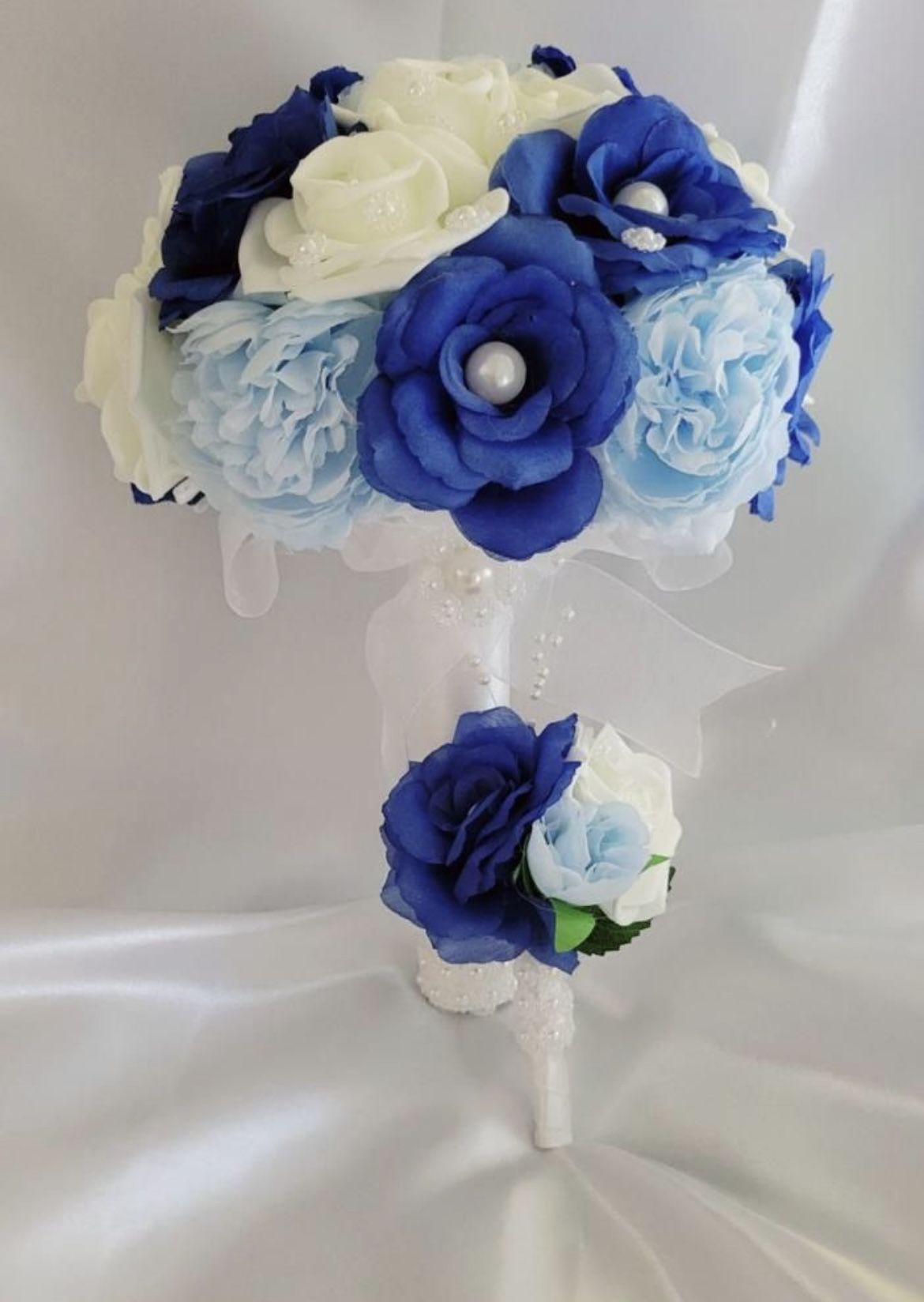 BLUE WEDDING BUNDLE! Bride Flower Bouquet , Groom Boutonnière , Women 2 Pc Wedding Ring Set, Men Wedding Band