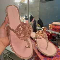 Tory Burch Miller Crystal Rhinestone Thong Sandals Pink Women’s