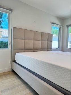 King Upholstered Platform Bed Frame with Tall Tufted Headboard – Beige