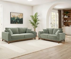 Brand New Olive Green Chenille Mid Century Modern Style Sofa & Love seat