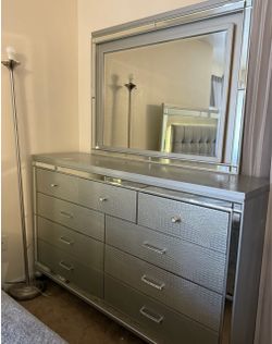 Silver Dresser, Mirror, Nightstand