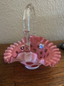 1950's fenton cranberry coin dot opalescent basket 7.5" tall
