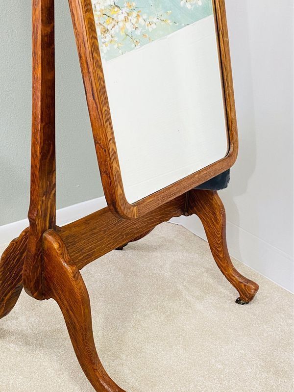 Antique c1900s CHEVAL Dressing Mirror Tall 70", Oak,  Beveled Glass with Eagle Crest Finial
