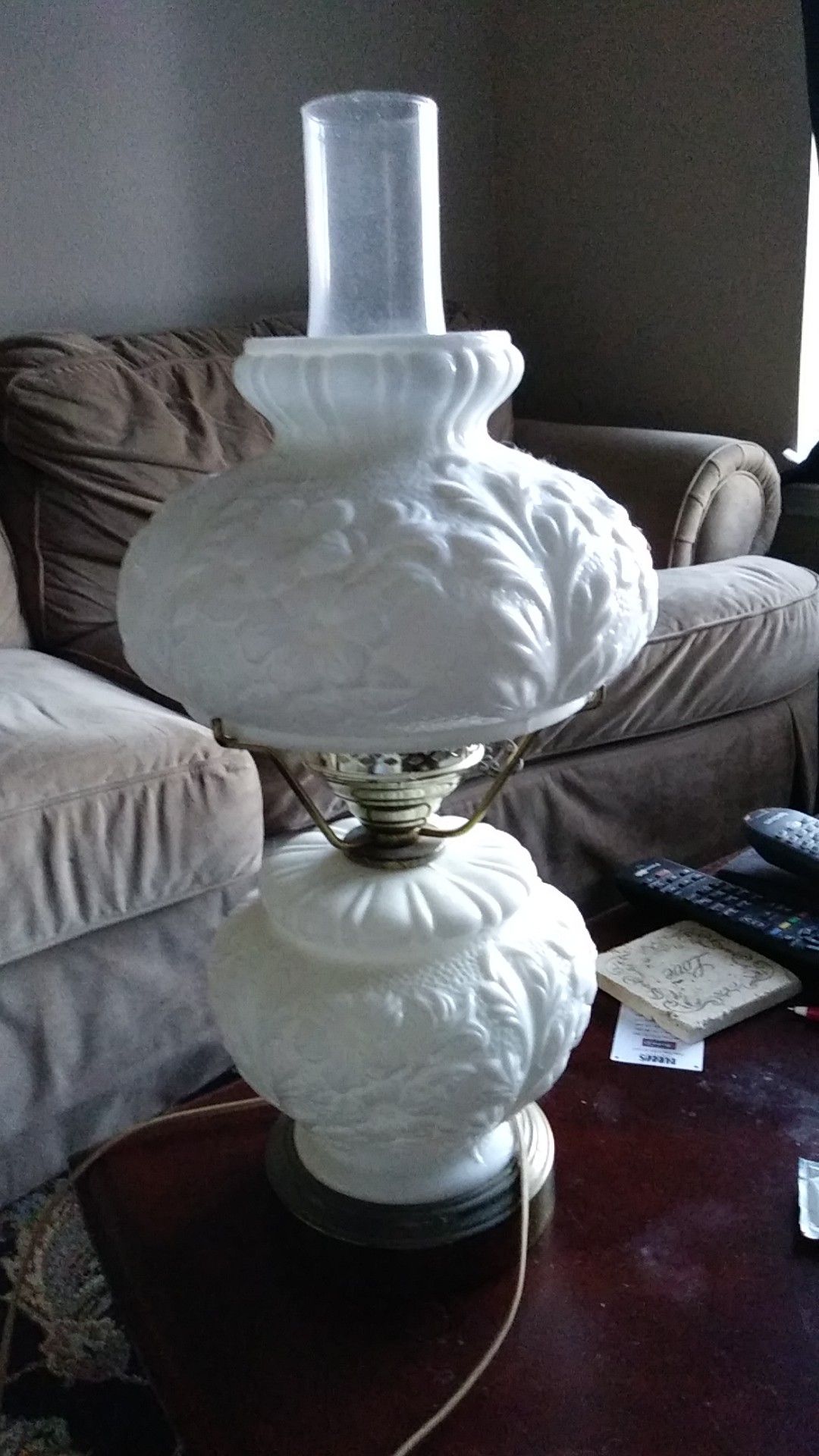 2 Antique milk glass floral design lamps