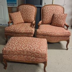 1 Pr Antique Sam Moore French Bergere Chairs & matching Ottoman