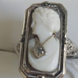 14k White Gold Antique Flip Filigree Cameo Diamond/Onyx Ring Size 6.5