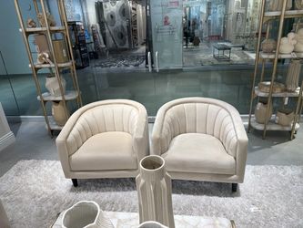Cream Velvet Channel Tufted Accent Chairs – Set of 2