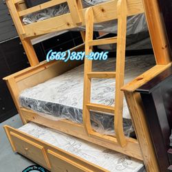 Twin Full Natural Bunk Bed With Mattress Trundle New Cama 