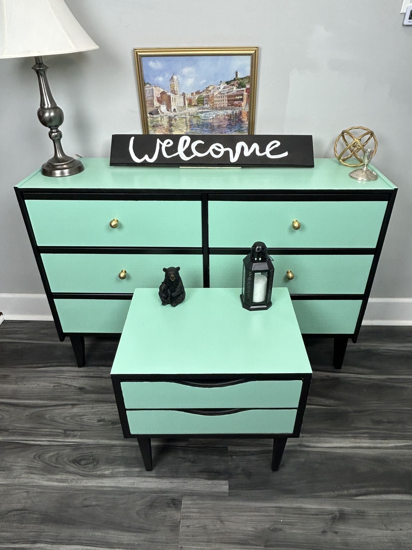 2 set piece solid wood retro green Mcm Nightstand and Dresser local pick up Roselle NJ