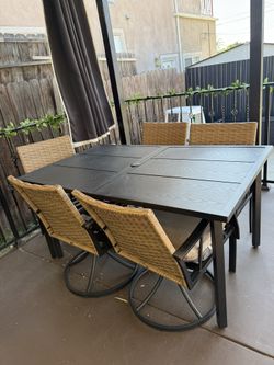6-Piece Patio Dining Set, 7-Piece Outdoor Table with Wicker Swivels, Consisting of Chairs with Cushions and Black Rectangular Table Top with 1.75" Zon
