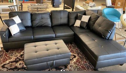 New Black Sectional with Storage Ottoman