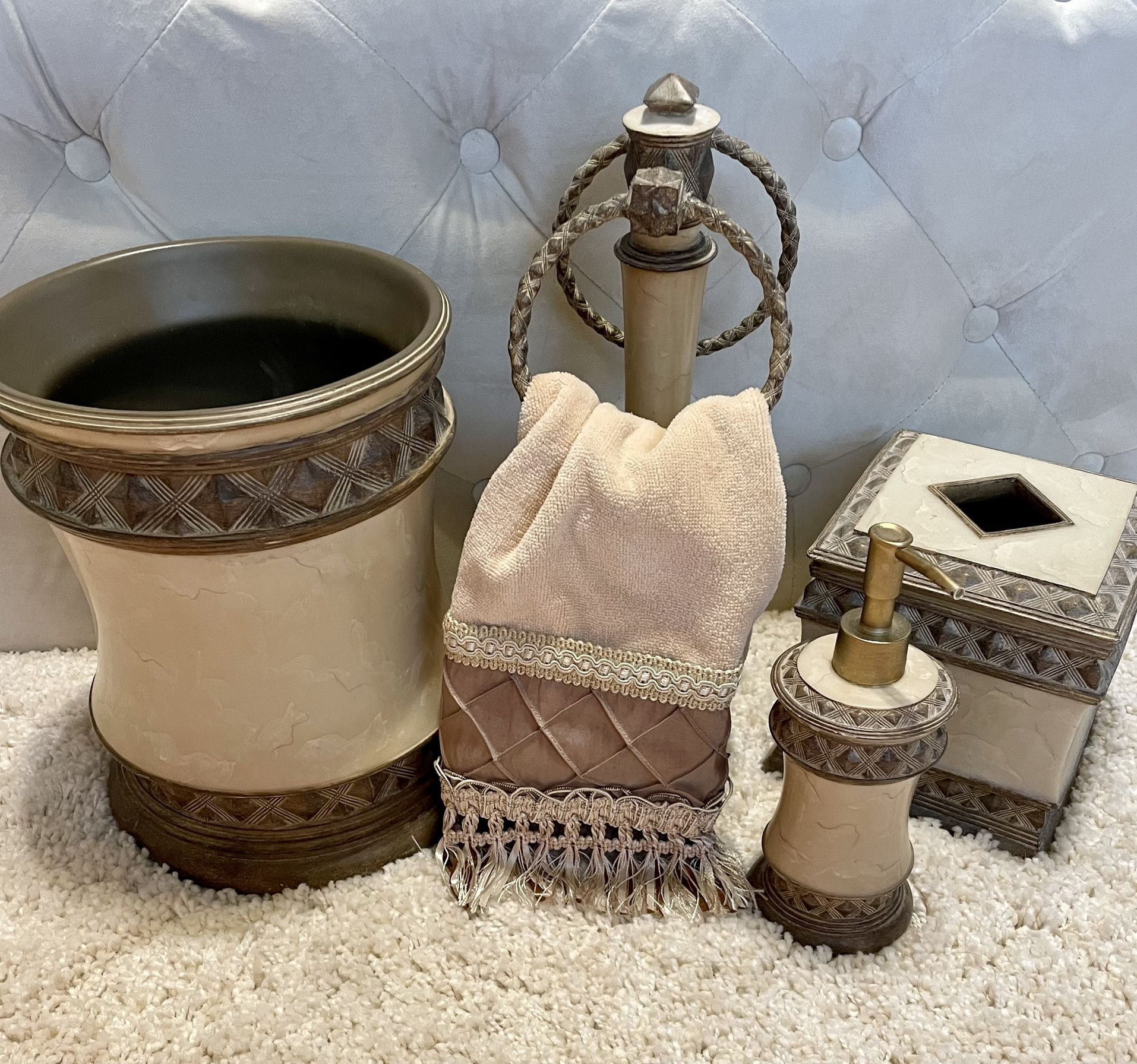 Bed Bath WBeyond Bathroom Accessories Set Beige Nude Tan Towel Hand Towel Lotion Garbage Can Tissue Towel Holder