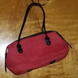 Unused Women's Red Crochet Shoulder Bag With Black Faux Leather Trim/Handles 
