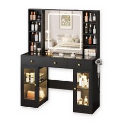 43.4" Black Vanity Desk with Lighted Mirror & RGB Glass Cabinets – Fully Assembled